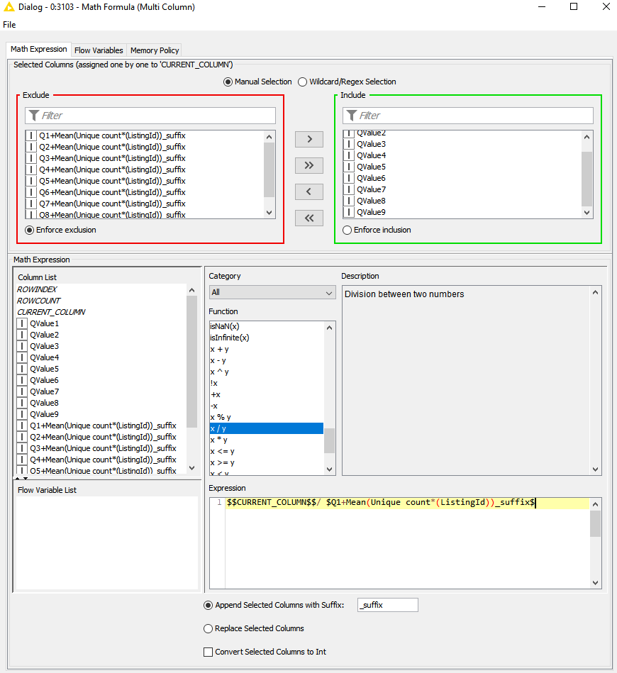 Using Math Formula To Incrementally Divide Multiple Changing Columns Knime Analytics Platform Knime Community Forum